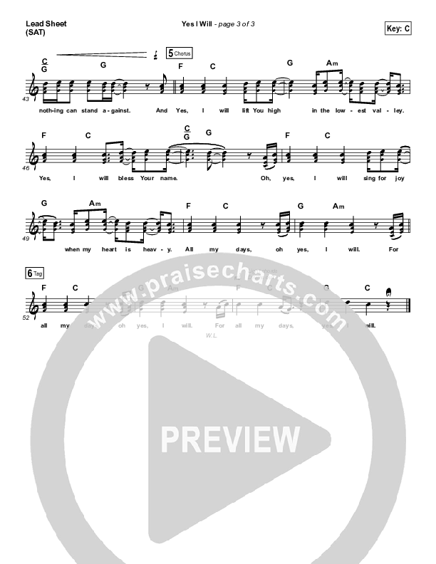 Yes I Will (Choral Anthem SATB) Lead Sheet (SAT) (Vertical Worship / Arr. Luke Gambill)