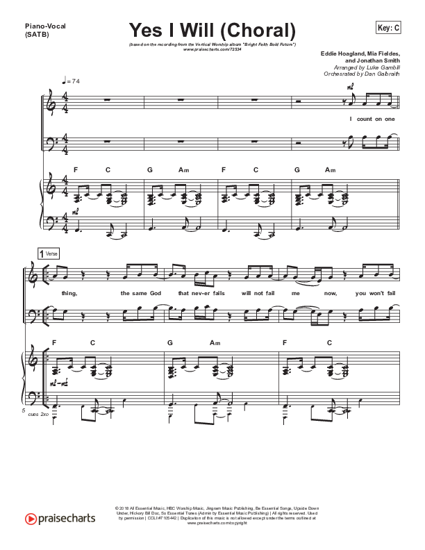 Yes I Will (Choral Anthem SATB) Piano/Vocal Pack (Vertical Worship / Arr. Luke Gambill)