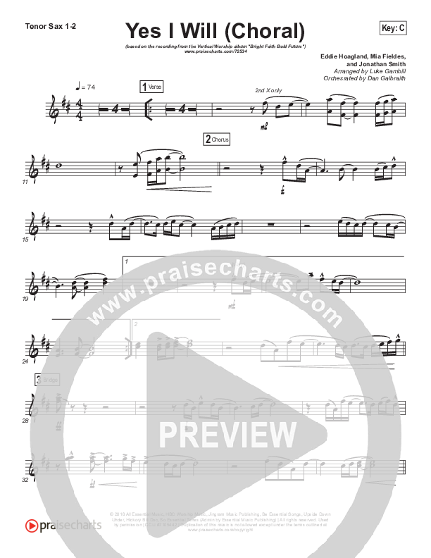 Yes I Will (Choral Anthem SATB) Tenor Sax 1/2 (Vertical Worship / Arr. Luke Gambill)