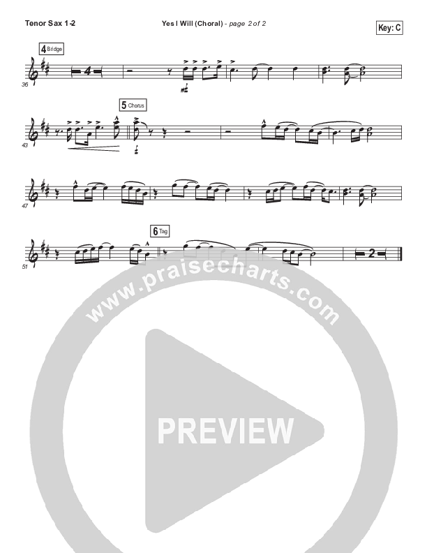 Yes I Will (Choral Anthem SATB) Tenor Sax 1/2 (Vertical Worship / Arr. Luke Gambill)