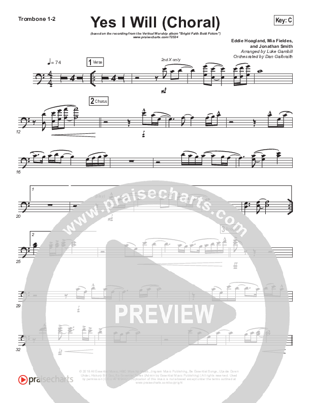 Yes I Will (Choral Anthem SATB) Trombone 1/2 (Vertical Worship / Arr. Luke Gambill)