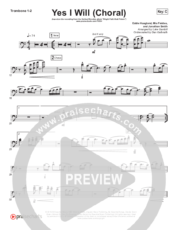 Yes I Will (Choral Anthem SATB) Trombone 1/2 (Vertical Worship / Arr. Luke Gambill)