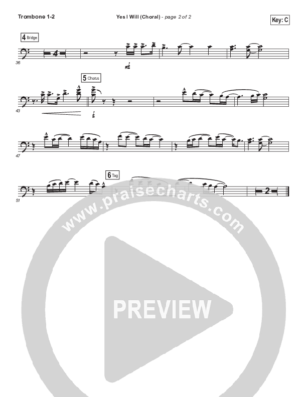 Yes I Will (Choral Anthem SATB) Trombone 1/2 (Vertical Worship / Arr. Luke Gambill)