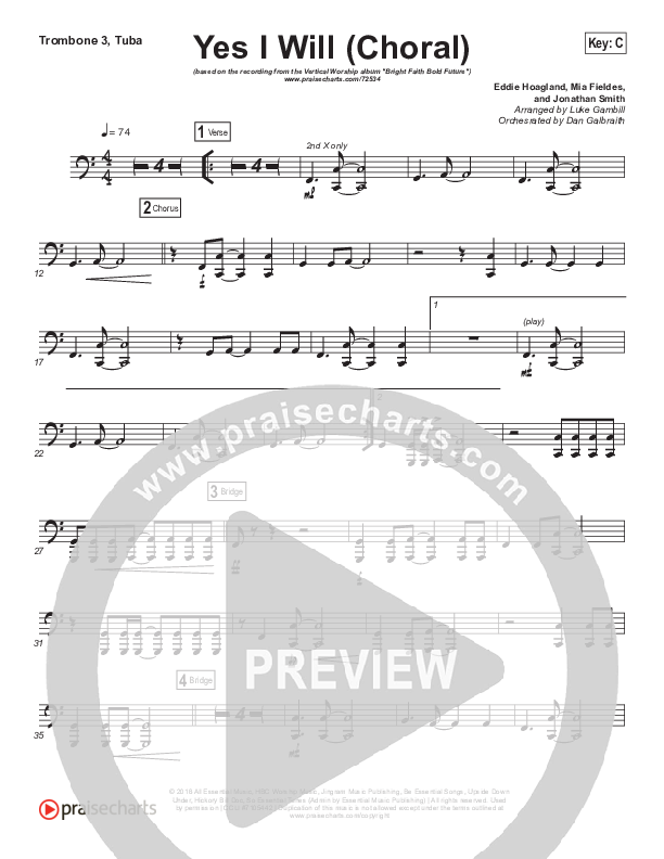 Yes I Will (Choral Anthem SATB) Trombone 3/Tuba (Vertical Worship / Arr. Luke Gambill)
