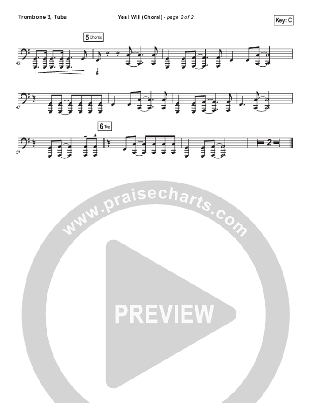 Yes I Will (Choral Anthem SATB) Trombone 3/Tuba (Vertical Worship / Arr. Luke Gambill)