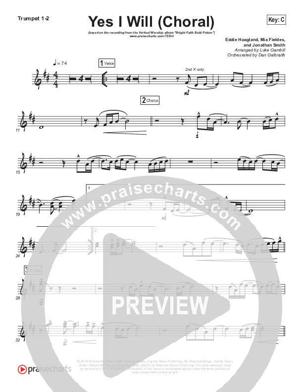 Yes I Will (Choral Anthem SATB) Trumpet 1,2 (Vertical Worship / Arr. Luke Gambill)