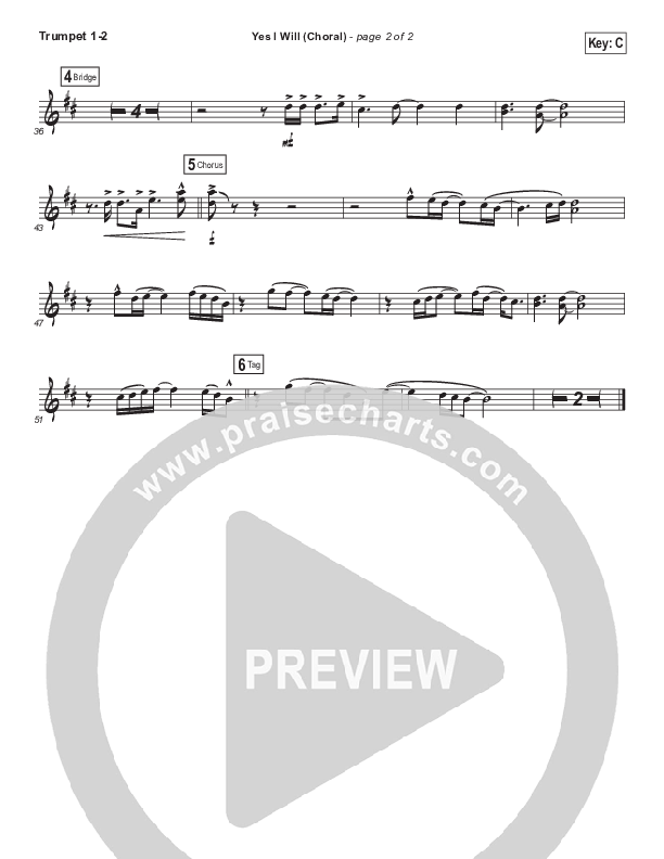 Yes I Will (Choral Anthem SATB) Trumpet 1,2 (Vertical Worship / Arr. Luke Gambill)