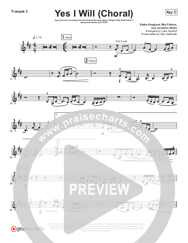 Yes I Will (Choral Anthem SATB) Trumpet 3 (Vertical Worship / Arr. Luke Gambill)