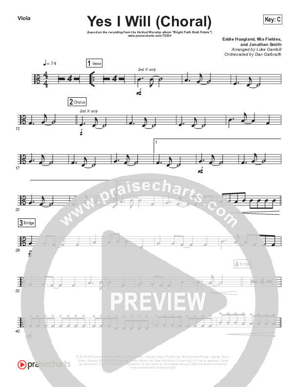 Yes I Will (Choral Anthem SATB) Viola (Vertical Worship / Arr. Luke Gambill)