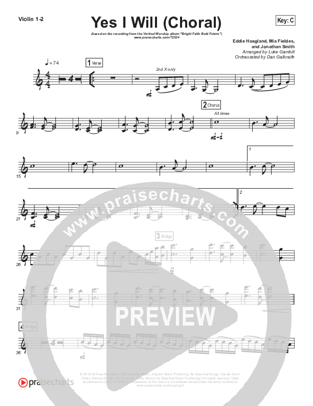Yes I Will (Choral Anthem SATB) Violin 1/2 (Vertical Worship / Arr. Luke Gambill)