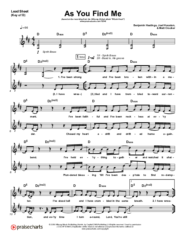 As You Find Me Lead Sheet (Melody) (Hillsong UNITED)