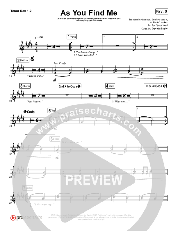As You Find Me Tenor Sax 1/2 (Hillsong UNITED)