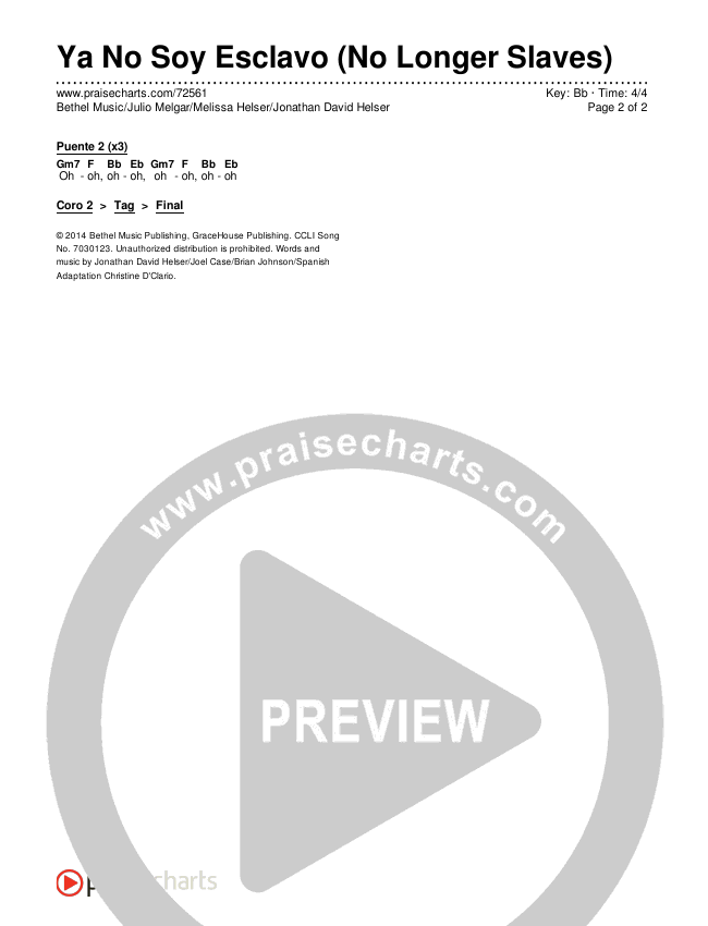 Ya No Soy Esclavo (No Longer Slaves) Chords & Lyrics (Bethel Music / Melissa Helser / Jonathan David Helser)