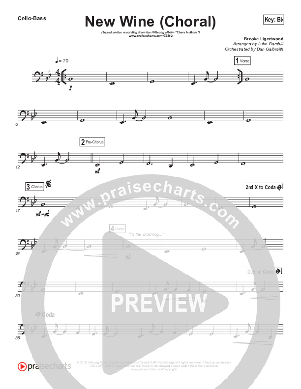 New Wine (Choral Anthem SATB) Cello/Bass (Hillsong Worship / Arr. Luke Gambill)