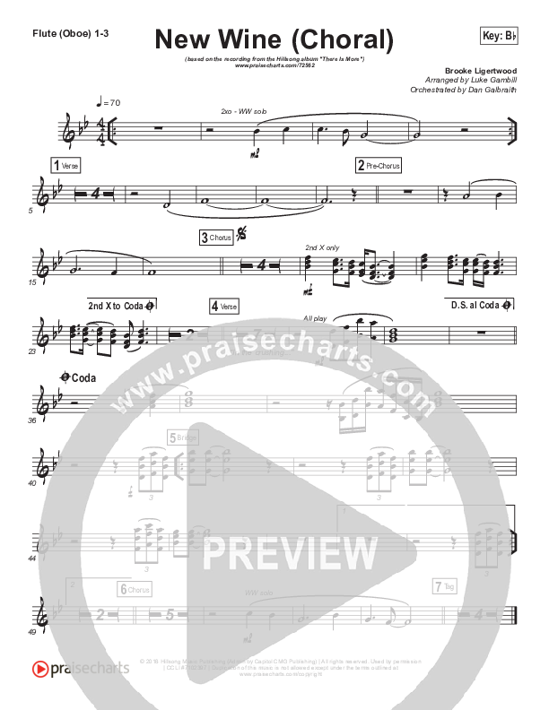 New Wine (Choral Anthem SATB) Flute/Oboe 1/2/3 (Hillsong Worship / Arr. Luke Gambill)