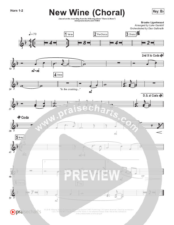 New Wine (Choral Anthem SATB) French Horn 1/2 (Hillsong Worship / Arr. Luke Gambill)