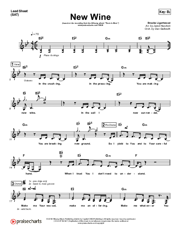 New Wine (Choral Anthem SATB) Lead Sheet (SAT) (Hillsong Worship / Arr. Luke Gambill)