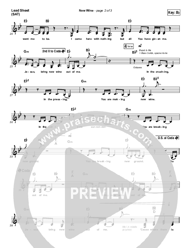 New Wine (Choral Anthem SATB) Lead Sheet (SAT) (Hillsong Worship / Arr. Luke Gambill)