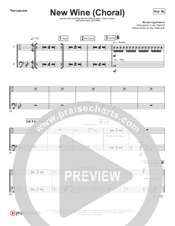 New Wine (Choral Anthem SATB) Percussion (Hillsong Worship / Arr. Luke Gambill)