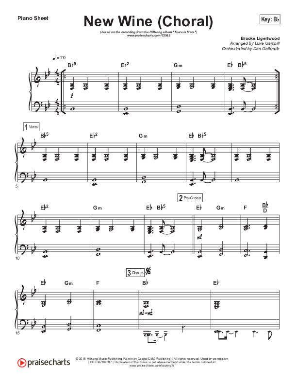 New Wine (Choral Anthem SATB) Piano Sheet (Hillsong Worship / Arr. Luke Gambill)