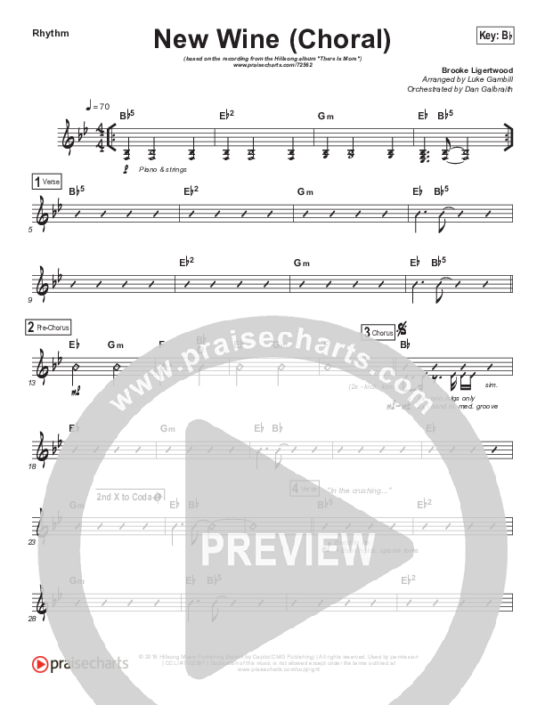 New Wine (Choral Anthem SATB) Rhythm Chart (Hillsong Worship / Arr. Luke Gambill)