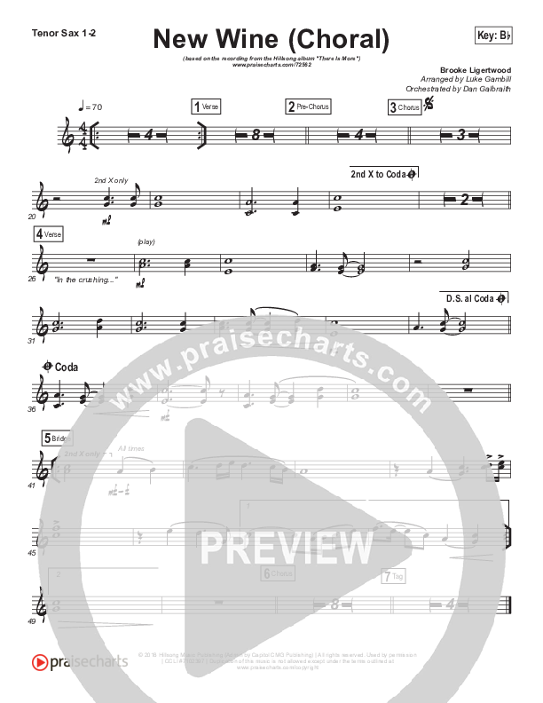 New Wine (Choral Anthem SATB) Tenor Sax 1/2 (Hillsong Worship / Arr. Luke Gambill)
