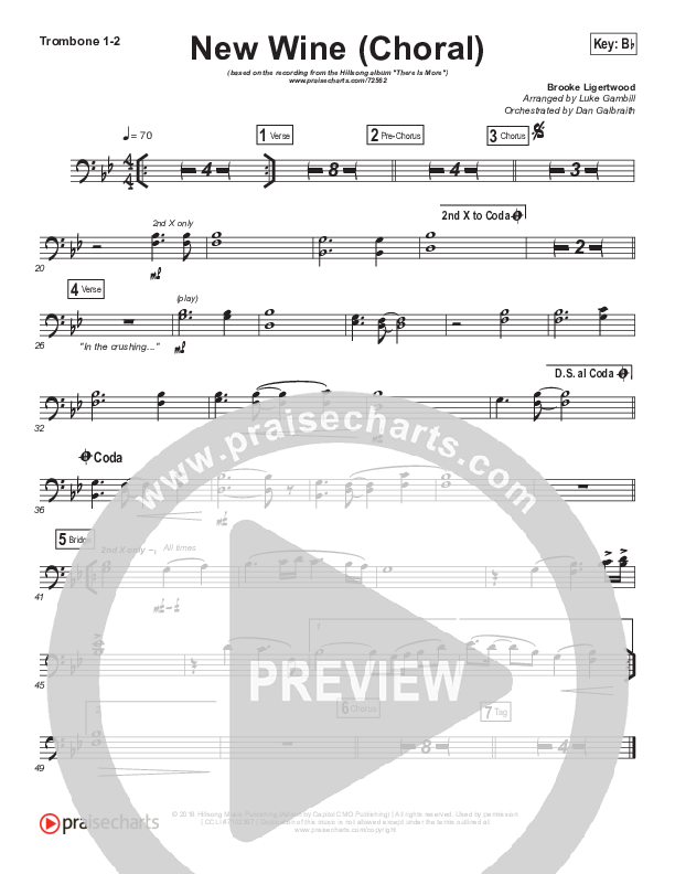 New Wine (Choral Anthem SATB) Trombone 1/2 (Hillsong Worship / Arr. Luke Gambill)