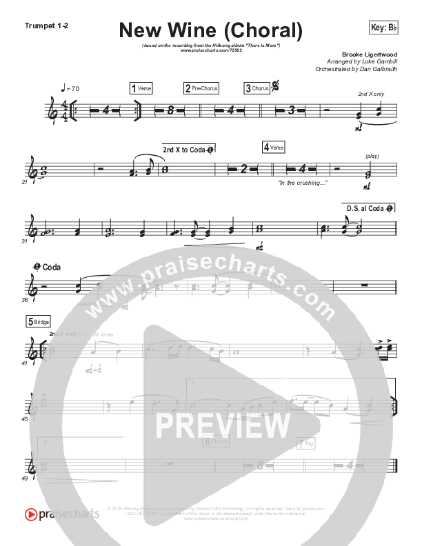 New Wine (Choral Anthem SATB) Trumpet 1,2 (Hillsong Worship / Arr. Luke Gambill)
