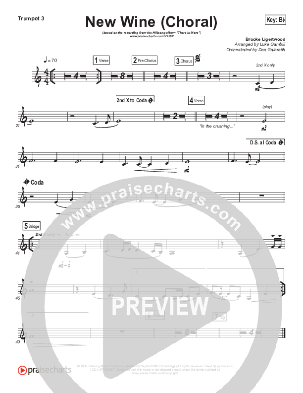 New Wine (Choral Anthem SATB) Trumpet 3 (Hillsong Worship / Arr. Luke Gambill)