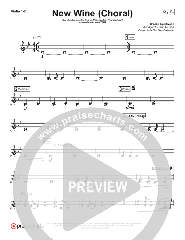 New Wine (Choral Anthem SATB) Violin 1/2 (Hillsong Worship / Arr. Luke Gambill)