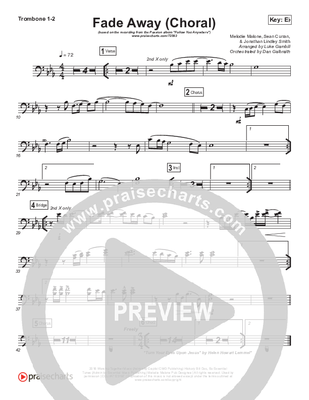 Fade Away (Choral Anthem SATB) Trombone 1/2 (Passion / Melodie Malone / Arr. Luke Gambill)