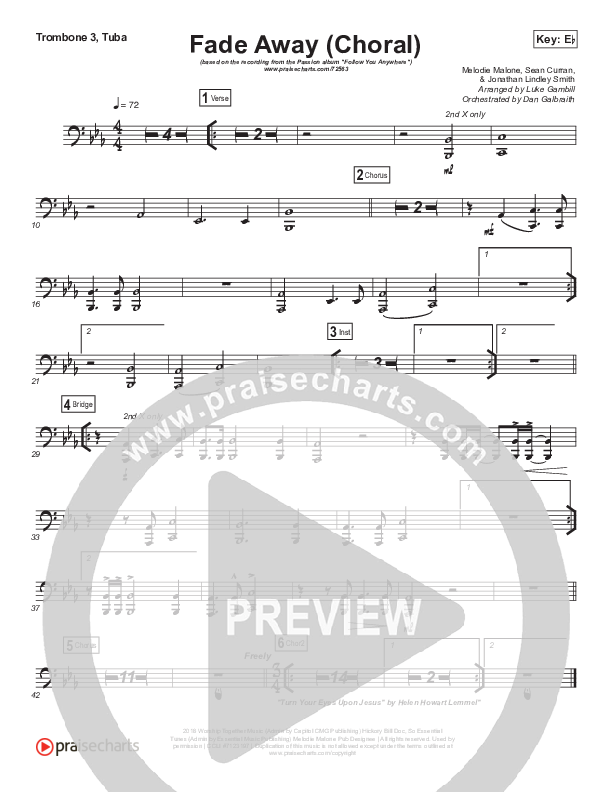 Fade Away (Choral Anthem SATB) Trombone 3/Tuba (Passion / Melodie Malone / Arr. Luke Gambill)