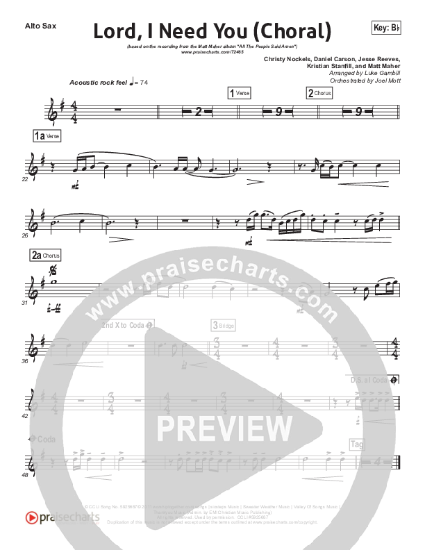 Lord I Need You (Choral Anthem SATB) Alto Sax (Matt Maher / Arr. Luke Gambill)