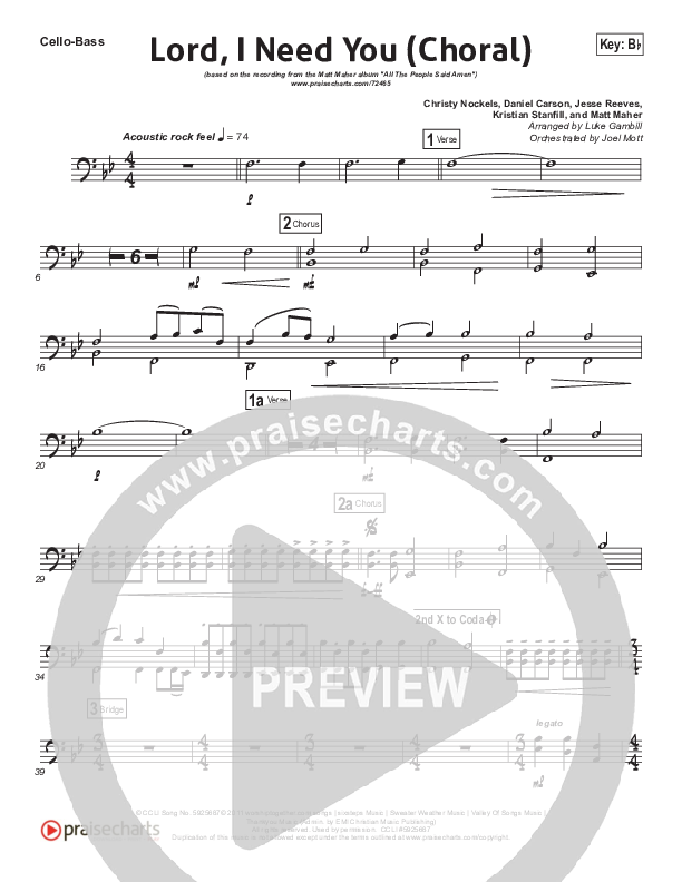 Lord I Need You (Choral Anthem SATB) Cello/Bass (Matt Maher / Arr. Luke Gambill)