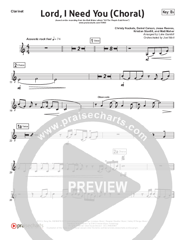 Lord I Need You (Choral Anthem SATB) Clarinet (Matt Maher / Arr. Luke Gambill)