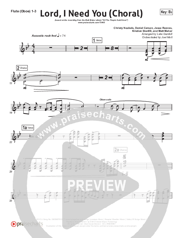 Lord I Need You (Choral Anthem SATB) Flute/Oboe 1/2/3 (Matt Maher / Arr. Luke Gambill)