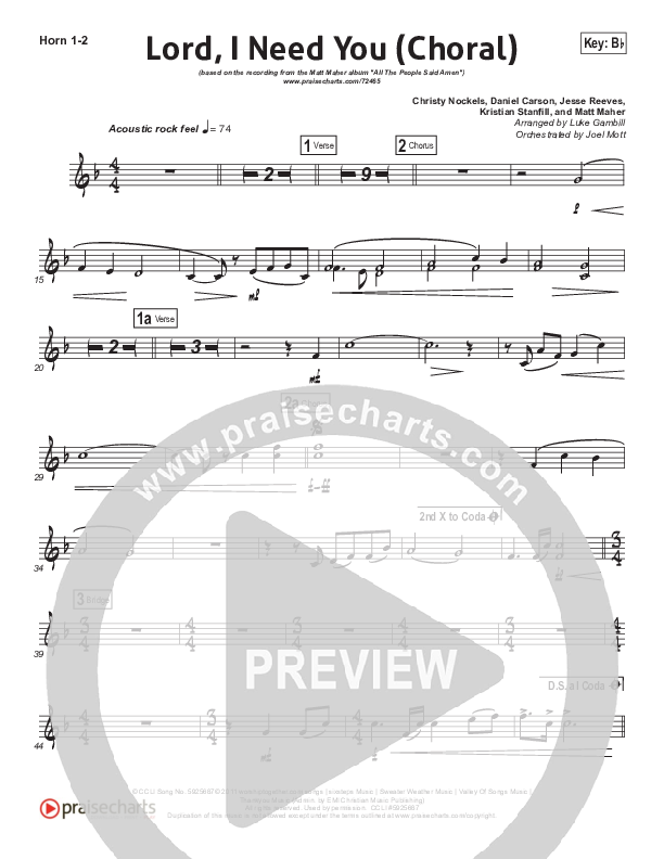 Lord I Need You (Choral Anthem SATB) French Horn 1/2 (Matt Maher / Arr. Luke Gambill)