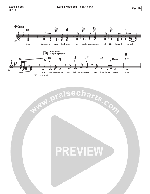 Lord I Need You (Choral Anthem SATB) Lead Sheet (SAT) (Matt Maher / Arr. Luke Gambill)