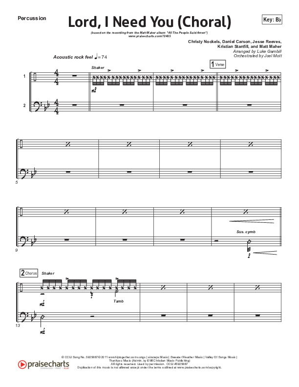 Lord I Need You (Choral Anthem SATB) Percussion (Matt Maher / Arr. Luke Gambill)