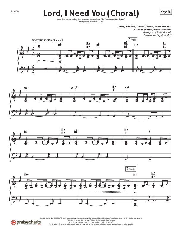 Lord I Need You (Choral Anthem SATB) Piano Sheet (Matt Maher / Arr. Luke Gambill)