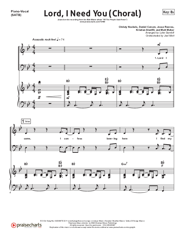Lord I Need You (Choral Anthem SATB) Piano/Vocal Pack (Matt Maher / Arr. Luke Gambill)
