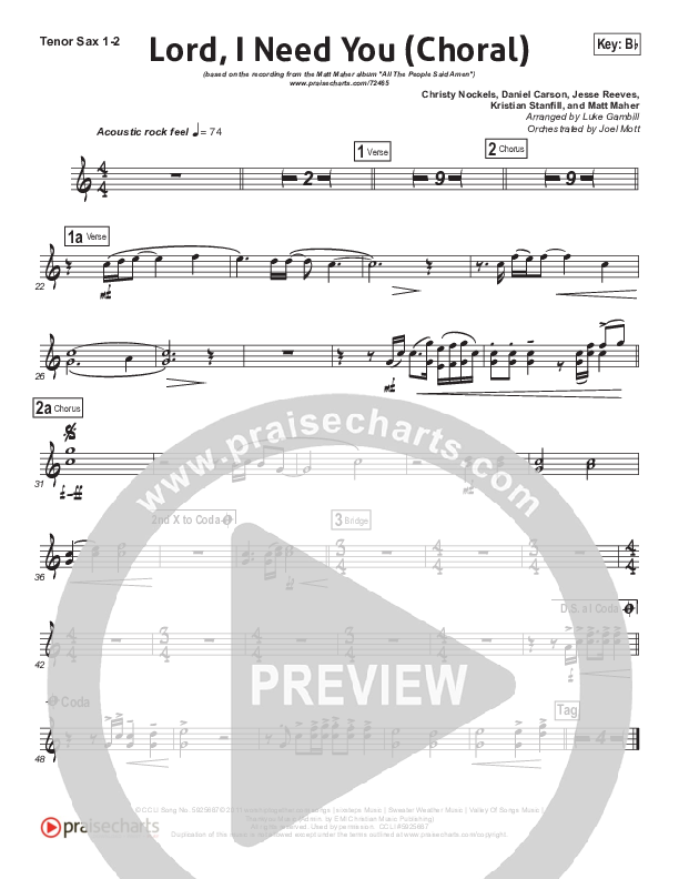 Lord I Need You (Choral Anthem SATB) Tenor Sax 1/2 (Matt Maher / Arr. Luke Gambill)