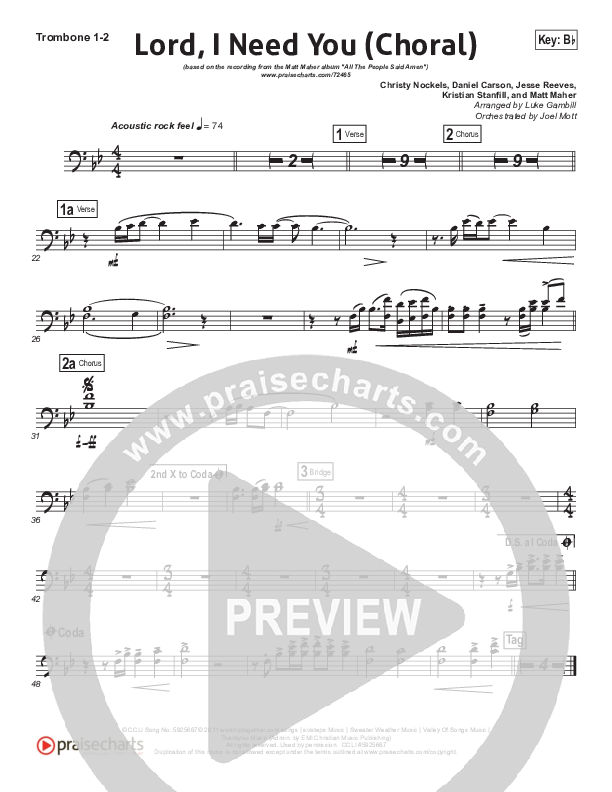 Lord I Need You (Choral Anthem SATB) Trombone 1/2 (Matt Maher / Arr. Luke Gambill)