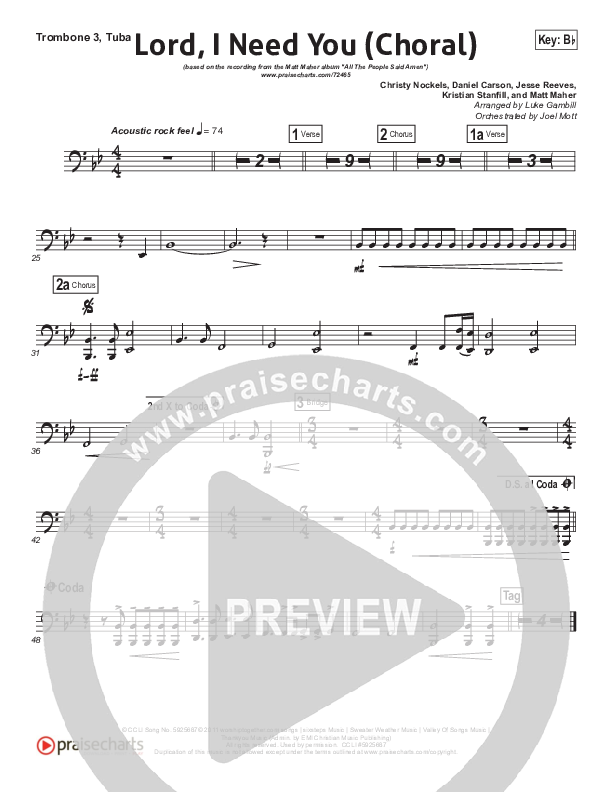 Lord I Need You (Choral Anthem SATB) Trombone 3/Tuba (Matt Maher / Arr. Luke Gambill)