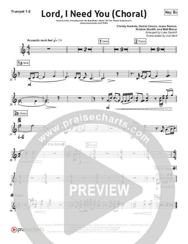 Lord I Need You (Choral Anthem SATB) Trumpet 1,2 (Matt Maher / Arr. Luke Gambill)