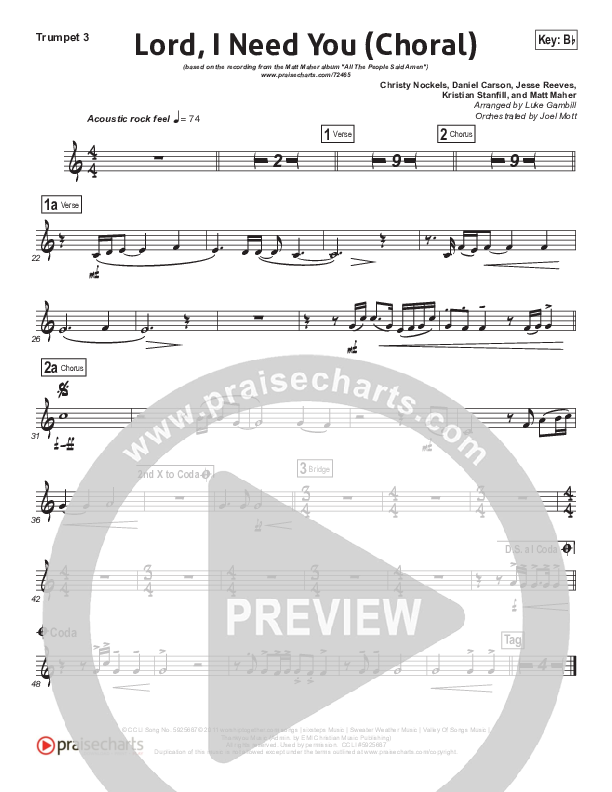 Lord I Need You (Choral Anthem SATB) Trumpet 3 (Matt Maher / Arr. Luke Gambill)