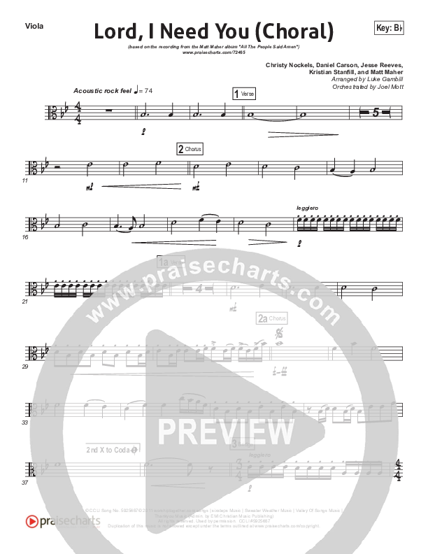 Lord I Need You (Choral Anthem SATB) Viola (Matt Maher / Arr. Luke Gambill)