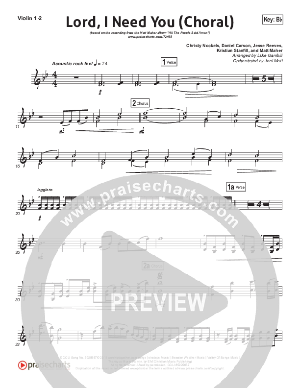 Lord I Need You (Choral Anthem SATB) Violin 1/2 (Matt Maher / Arr. Luke Gambill)