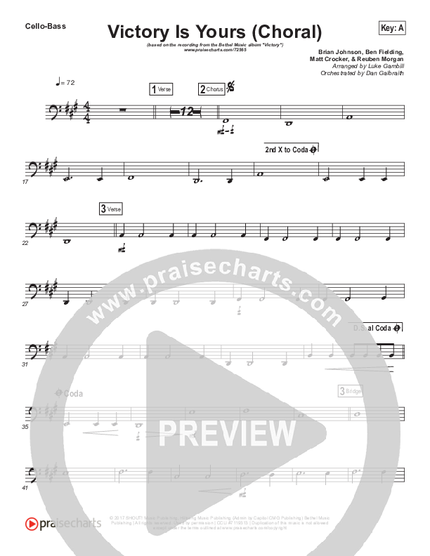 Victory Is Yours (Choral Anthem SATB) Cello/Bass (Bethel Music / Bethany Wohrle / Arr. Luke Gambill)