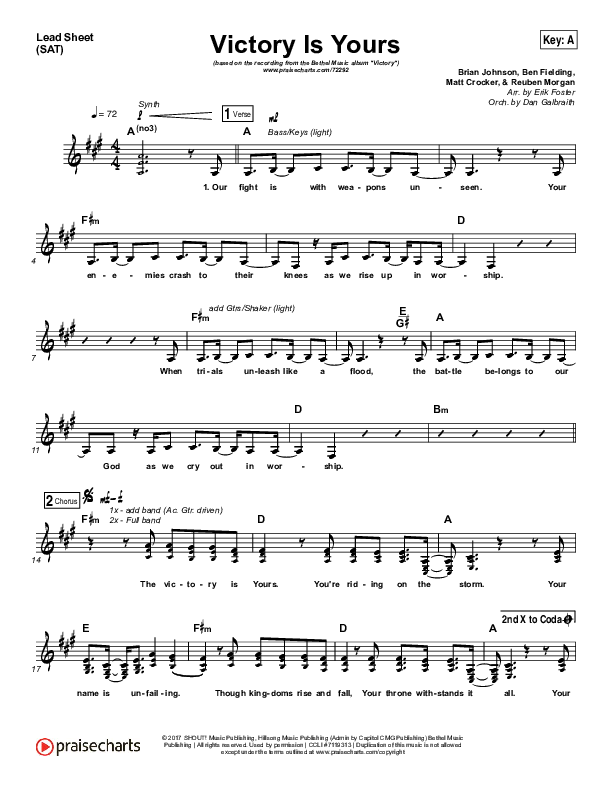 Victory Is Yours (Choral Anthem SATB) Lead Sheet (SAT) (Bethel Music / Bethany Wohrle / Arr. Luke Gambill)